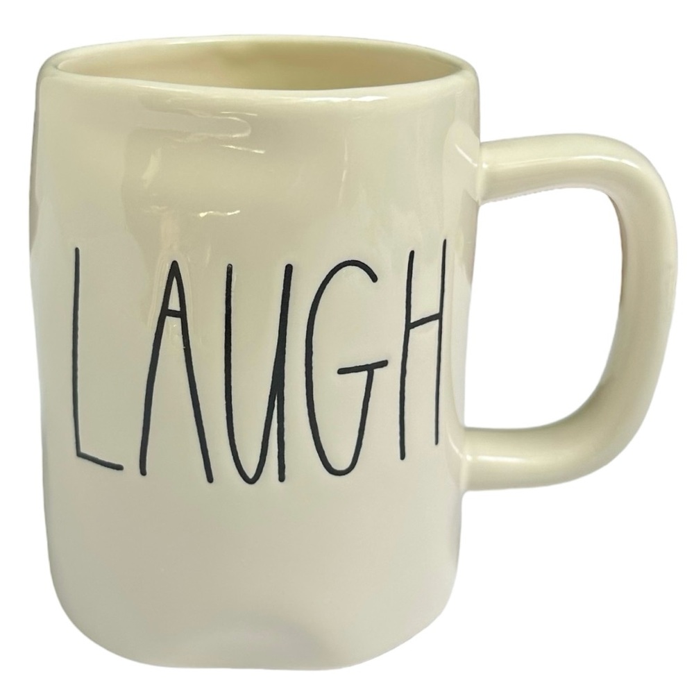Rae Dunn LAUGH Mug White with Black Large Long Letters Dimples NWT 2017 OG